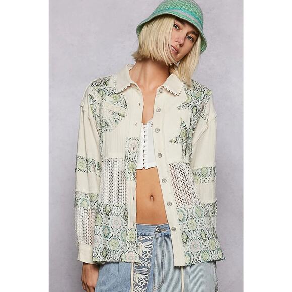 POL Boho Printed Crochet Patchwork Design Buttoned Long Sleeves Shirt | Gum Leaf - Picture 4 of 4